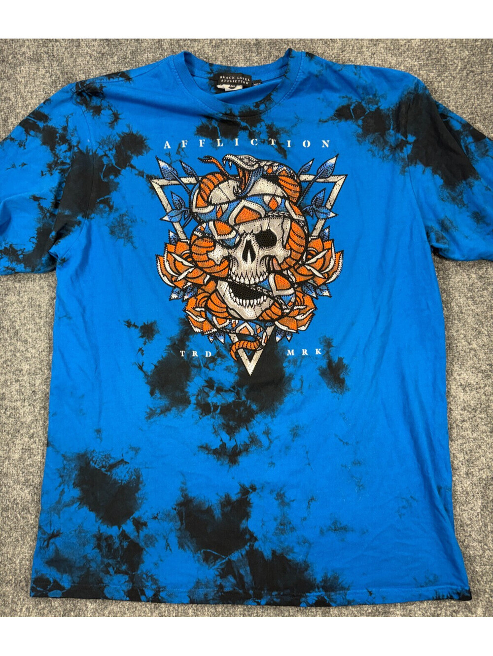 Black Label Affliction Mens T Shirt 2XL Blue Rhinestone Studded Skull Snake Rose